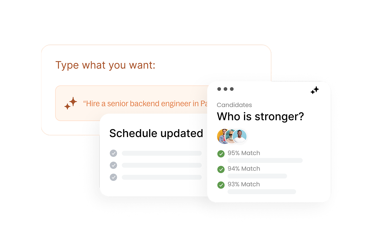 LimeRecruits AI hiring workflow: natural-language job creation, scheduling updates, and candidate match comparison